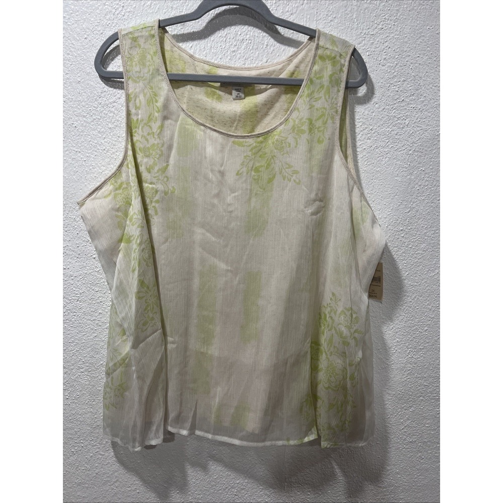 Coldwater Creek Womens Shirt 2X 20/22 Sheer Floral Green Beige Round Neck Blouse